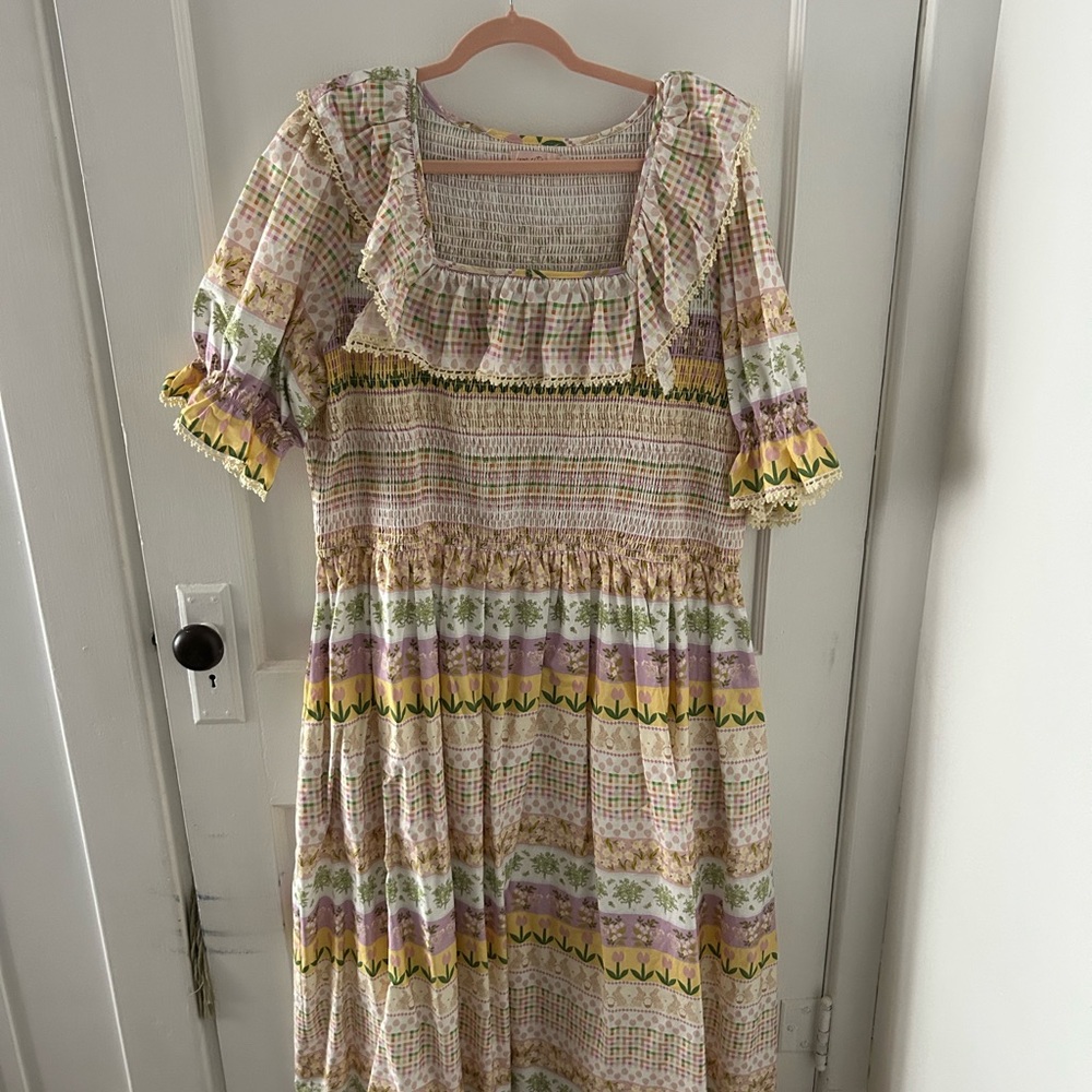 Ivy City Co Plaid Floral Midi Dress in Yellow and Lavender